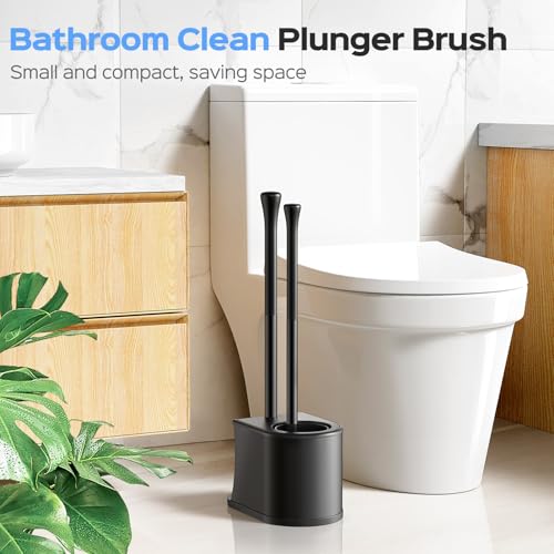 HAMITOR Toilet Plunger and Brush Set: 2 in 1 Stainless Steel Combo with Curved Bristles - Heavy Duty Toilet Unclogging for Family Bathroom - Compact Hideaway Apartment Cleaning Accessories - Black - color: Black