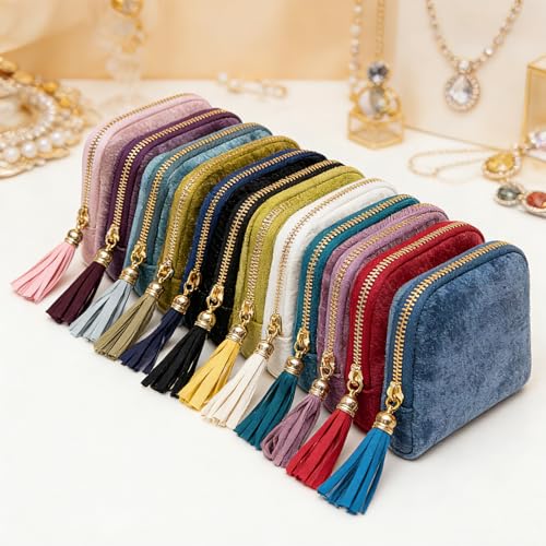 Women's Coin Purses Velvet Mini Travel Jewelry Case Bag with Tassel - color: A-Navy blue