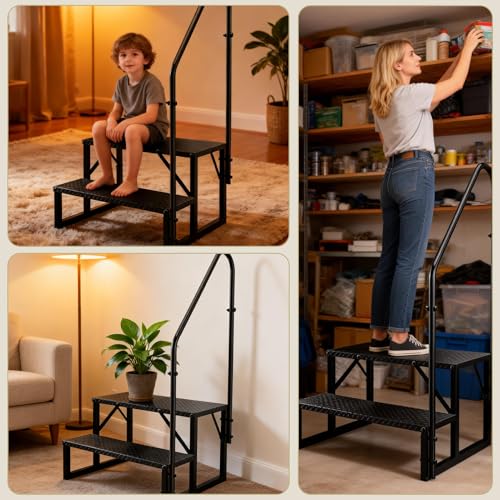 2 Step Ladder with Handrail, 660 LBS Heavy Duty Step Stool, Anti-Slip Pedal Portable Stair Step for RV, Hot Tub, Porch & Home Use (2 Steps with 1 Handrail) - size: 2 Step Single Handle