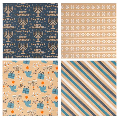 RUSPEPA Kraft Hanukkah Wrapping Paper Roll - Blue Menorah, Birds, Stripe and Star of David Design for Holiday Gift Wrap - 4 Rolls - 30 Inches x 10 Feet Per Roll - color: Hanukkah
