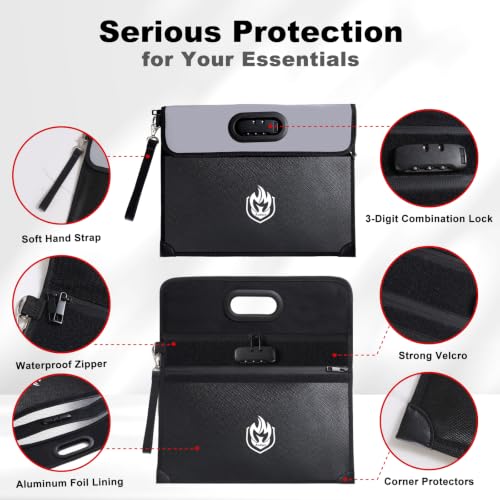 Andyer 2-Pocket Fireproof Document Bag with Lock, 6500℉ Fireproof Money Bag