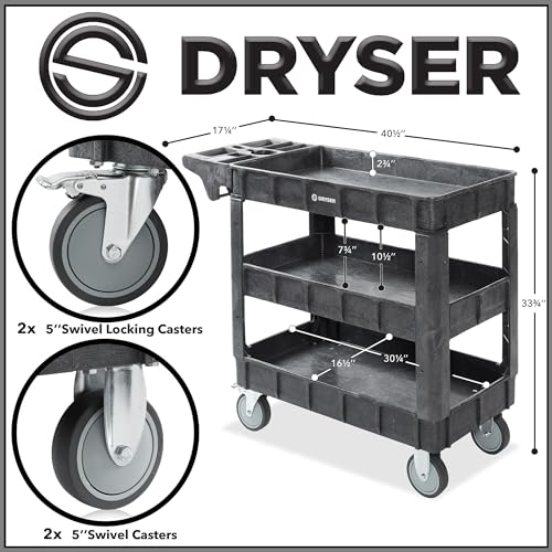 Dryser Utility Cart with Wheels, 40" x 17" Heavy Duty 550 lb. Capacity with Shelves - 3 Tier Rolling Cart with Two 5" Swivel Casters for Warehouse, Garage, Cleaning - size: 3 Shelves 2 Swivel 40x17