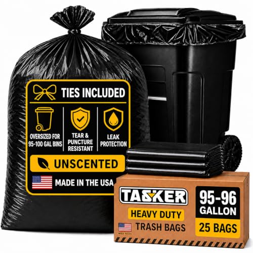 95-96 Gallon Trash Bags Heavy Duty (25 Bags w/Ties Value pack) Extra Large Trash Bags, 90 Gallon, 95 Gallon, 96 Gallon, 100 Gallon - size: 25 Count (Pack of 1)