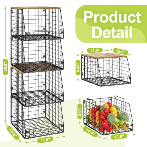 Jakyitvi 4 Pack Stackable Wire Baskets with Fixed Wooden Top, Vegetable Fruit Storage Bins for Onion Potato Snack, Pantry Baskets for Kitchen Cabinet Countertop, Pantry Organizers and Storage Rack - size: 4 Pack with Wooden Top—Narrow 11.8"W x 15.4" D