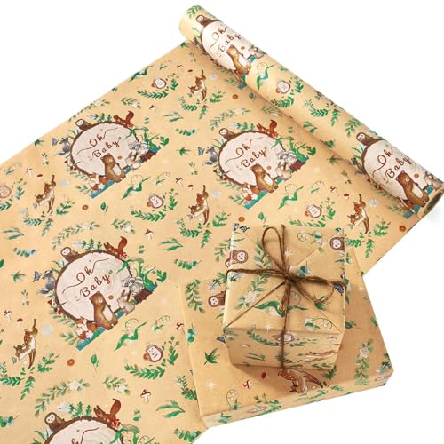 WERNNSAI Baby Shower Wrapping Paper Roll - 33 ft Baby Kraft Gift Wrap - color: Baby Animal-Forest