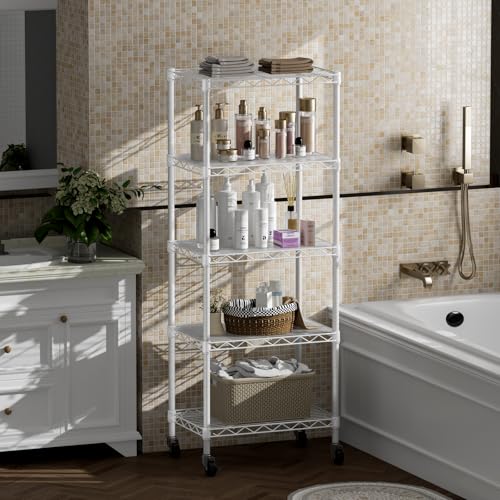 SINGAYE 5 Shelves Storage Shelf Wire Shelving Unit Metal Adjustable Wheels - color: White, size: 5Tier/11.5"D X 17.5"W X 57"H