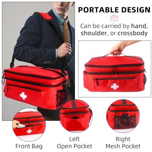 First Aid Bag Empty 16x8.3x7 inch with Adjustable Shoulder Strap, Medical Organizer for Pet First Aid Kits, Home Travel Camping Emergency Supplies Storage (Red)