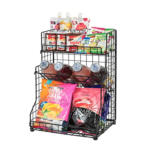 X-cosrack 3-Tier Snack Organizer Rack Bins with Adjustable Tilting Design for Pantry Storage,Metal Wire Snack Holder for Kitchen Bathroom Cabinets Countertops