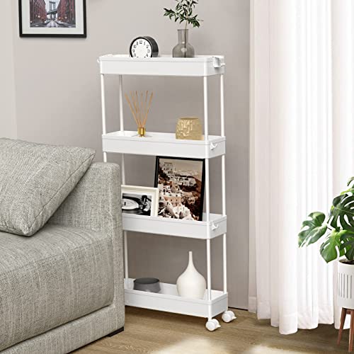 SPACELEAD Slim Storage Cart 4 Tier,Bathroom Organizer Rolling Utility, Mobile Shelving Unit Slide Out for Office, Kitchen, Laundry Room & Narrow Places,White - color: White