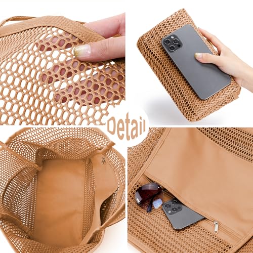 KALIDI Beach Mesh Tote Bag, Casual MAX 23L Summer Foldable Hobo Bag Women - color: Tan