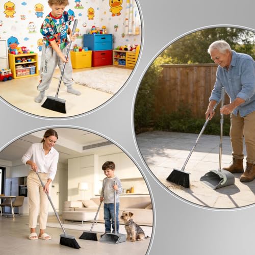 YZO Broom and Dustpan Set, 54.33 Inch Long Handle Standing Design, Dustpan Front Rubber Tight Seal, Broom with 5 Layer Bristles, Suitable for Bedroom, Yard, Office and Apartment(Gray&Black) - color: Gray&black