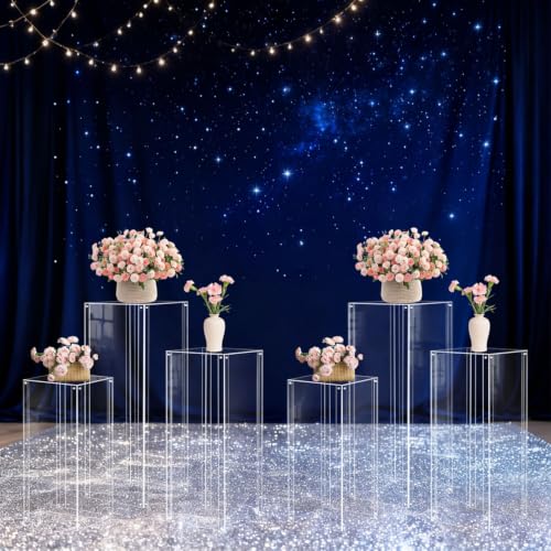 6PCS Acrylic Square Pedestal Stand for Party, Clear Cake Pedestal Stand - color: Clear, size: 6pcs-31.5/27.6/23.6IN Heights