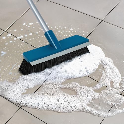 Stiff Bristle Deck Brushes for Scrubbing Heavy Duty with Rubber Scrape Squeegee, 55” Long Handle Scrub Brush for Bathroom Shower Carpet Outdoor Floor Cleaning (Head Size: 10.8”) - size: 10.8" Scrub Brush