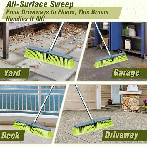 Upgraded 18" Push Broom with Adjustable Long Handle, Total Length is 55", Multi-Surface Floor Scrub Brush for Cleaning Deck, Patio, Garage, Driveway - size: 18" Push Broom + 55" Handle