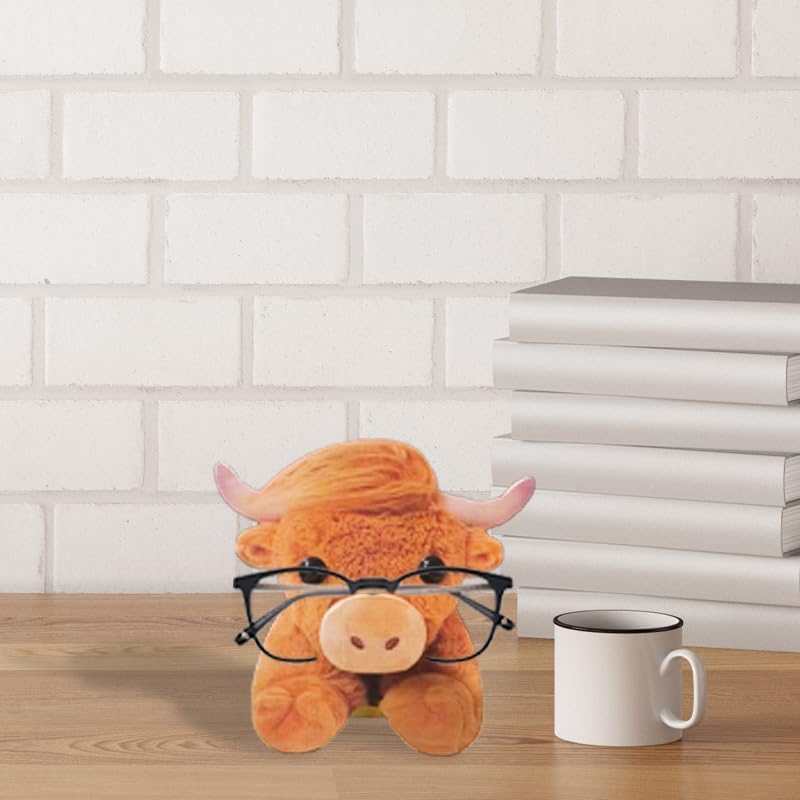 Wooden Animal Glasses Holder , Newsukie - Cute Solid Pine Wood Eyeglasses Stand,Carving Sunglasses Eyeglass Display Stand,Newsukie Creative Gift Glasses Holder for Desk (Flowers Highland Cow) (Highland Cow-1) - color: Highland Cow-1