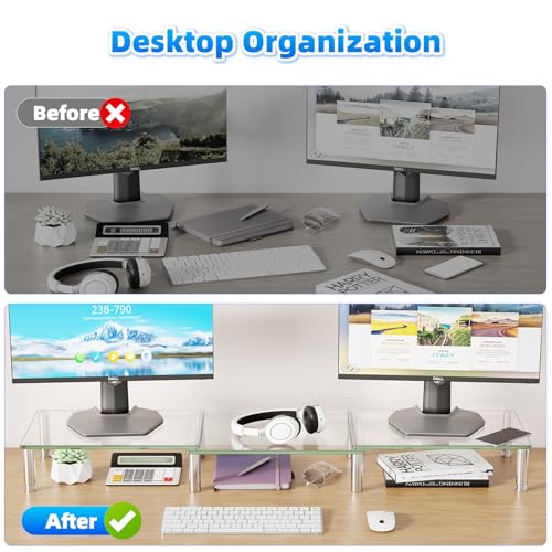 Simple Trending Glass Dual Monitor Stand, Adjustable Length/Height, Clear - size: 41.5 x 9.5 x 5 inches