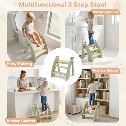 Wooden Step Stool for Toddlers, 3 Foldable Step Stool for Kids Bathroom Sink & Potty Training, Bamboo Toddler Stool with Green Frog Handles and Non-Slip Pads for Bedroom, Kitchen Helper - color: 3 Step Green