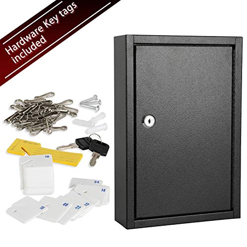 KYODOLED Key Storage Lock Box Wall Mount, Locking 40 Key Cabinet Holder Box with Key Lock, Hooks & Labels for Home, Office, Commercial Management, 2.5" D x 8.1" W x 12.1" H, Black - color: Black-02