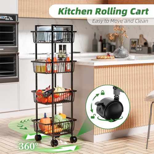 Simple Trending 4 Tier Rolling Fruit Vegetable Basket Cart, Black