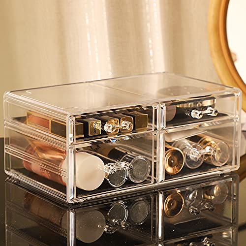 Cq acrylic Makeup Organizers with 4 Drawers,Rectangular Office Stationery Supplies Plastic Clear Storage Containers,Stackable Acrylic Drawers Suitable for Office,School,Home desk organizer - size: 2 Small Drawers, 2 Medium Drawers