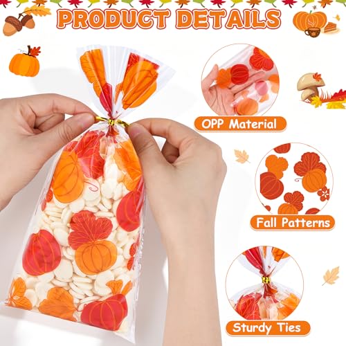 100Pcs Fall Thanksgiving Cellophane Treat Bags - 5 x 11 Inch Clear Fall Goodie Bags with Gold Ties for Cookies, Snacks, Party Favors & Gift Packaging, 2.8 Mil Thick Plastic Autumn Candy Bag for Kids - color: Fall 100pcs