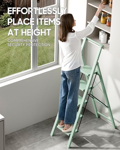 HillhutApex Aluminum 5 Step Ladder, Step Stool Foldable Ladder(Pale Green) - color: Pale Green, size: 5 Step With Handrail