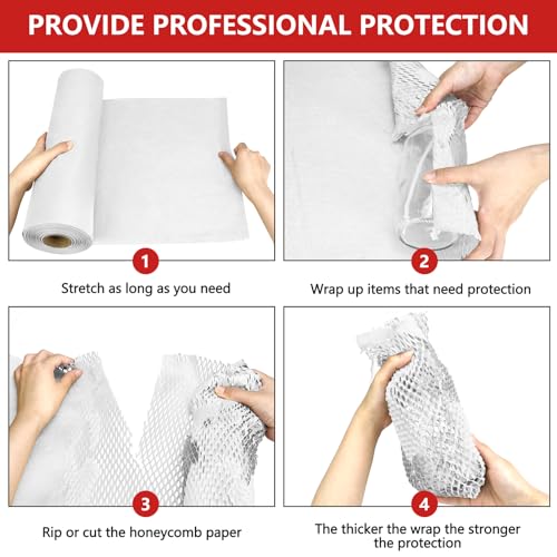 HOOPLE Honeycomb Packing Paper, Packing Paper for Moving, Alternative Bubble Cushion Wrap, Biodegradable Moving Supplies Bubble Packing Wrap Protective Roll With 30 Fragile Stickers. (white 15"x164') - color: white 15"x164'