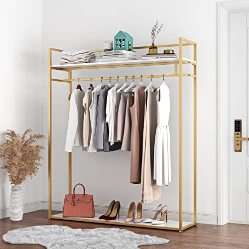 Heavy Duty Gold Clothing Rack with Shelves for Hanging Clothing, Gold Metal Freestanding Garment Rack for Retail Display (59" L) - style: double-59