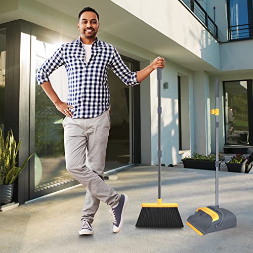 Upgrade Broom and Dustpan Set, Broom with Dustpan Combo Set, Self-Cleaning with Dustpan Teeth, Indoor&Outdoor Sweeping, Stand Up Broom and Dustpan (Gray&Yellow) - color: Gray&yellow