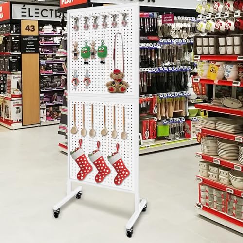 Royxen 2' x 5.6' Large Standing Pegboard Display with T-Base, Metal Pegboard Display Stand with 30 Hooks, Peg Board Panels with Wheels for Vendors, Home and Retail Store (White) - color: White
