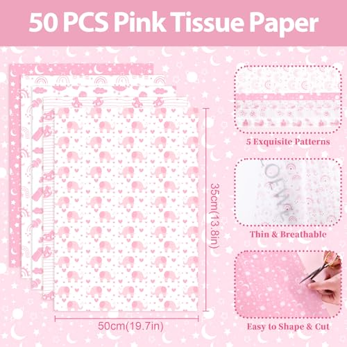 Larcenciel Tissue Paper, 50 Sheets Elephant Pink Tissue Paper for Gift Bags Gift Wrapping, Cute Baby Girl Design Art Gift Wrap for Baby Shower, Birthday, Anniversary, Craft, 19.7x13.8inch - color: pink