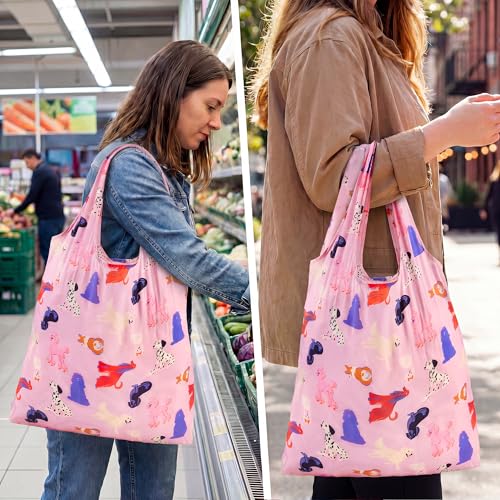 Stelle Lightweight Reusable Grocery Bag with Handles Ripstop Nylon Foldable Tote Shopping Bags for Travel and Groceries - color: Puppy Parade|pink