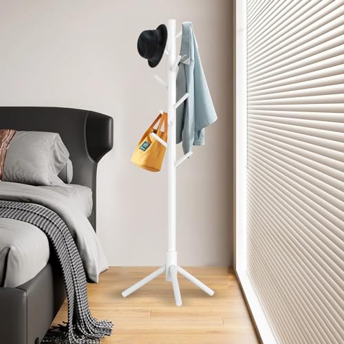 Aliphon Wooden Coat Rack Stand, Freestanding Coat Rack with 8 Hooks, 3 Adjustable Size Coat Tree for Hats, Coats, Scarves bags, Coat Hanger Stand Used in Bedroom/Office/Entryway (White) - color: White, size: 1PC