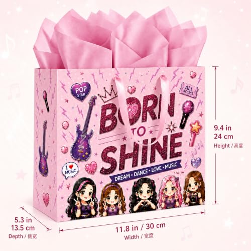 Foryesur PinkCute Girl Birthday Gift Bag with Tissue Paper and Greeting Card Music Dance Birthday Wrapping Paper bags - color: Pink Star