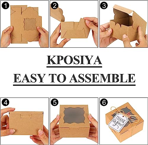 KPOSIYA 120pcs Small Cookie Boxes with Window, 4x4x2.5 Brown Bakery Box - color: Brown, size: 120