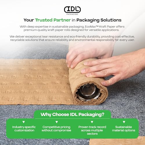 IDL Packaging 12" x 25' EcoMax™ Kraft Paper Cellulose Wadding (4 Rolls) - Cushioning Wrapping and Box Void Filling - Soft and Gentle Packing for Shipping, Moving, and Storing Fragile Items - size: 12" х 25 feet (4-pack)