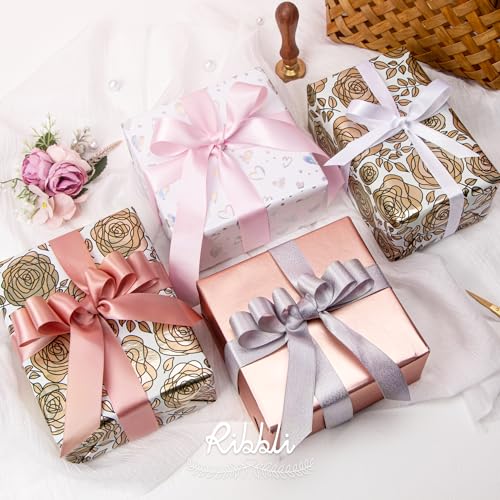 Ribbli Rose Gold Mother’s Day Wrapping Paper Mini Roll, 3 Rolls Happy Birthday Floral Heart Gift Wrap for Women Girl Friend Wedding - 17 inch x 120 inch(10feet) Per Roll - color: Rose Gold