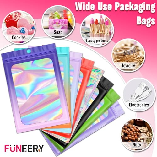 Funfery 300 Pack 3Size Mylar Holographic Bags with Clear Window,Purple Pink - color: Purple Pink, size: 3x4.7+4x6+4.7x7.9 Inch