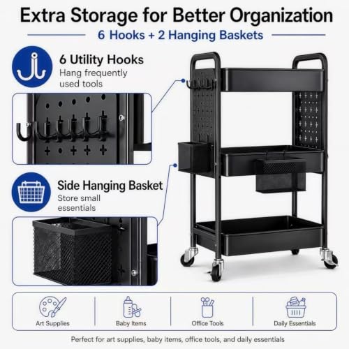 3 Tier Black Rolling Storage Cart Metal with DIY Pegboard and Wheels - color: Classic Black, size: 3 Tier+Pegboard
