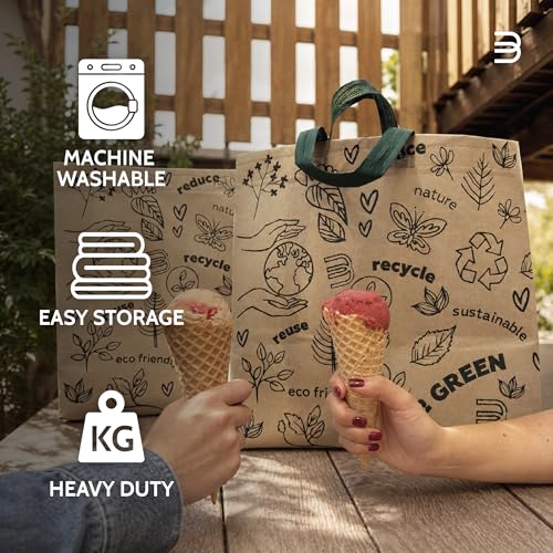 Bagways 50 PACK Reusable Grocery Bags with Handles, Durable, Foldable, Washable Eco-Friendly Shopping Tote Bags Bulk, 14x6.5x14 Inch Beige/Green EcoDoodles - for Groceries & Events - size: 50 Pack- Eco Doodle