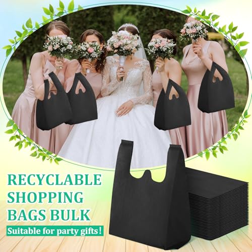 Windyun Reusable Grocery T Shirt Bags Bulk Small Non Woven Shopping Bag 10 x 18 x 5 Inch Foldable Tote with Handle Party Gift - color: Black