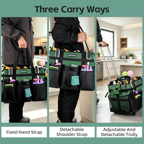 Large Rolling Cleaning Caddy Bag with Wheels, Cleaning Bag with Detachable Trolley, Cleaning Bags on Wheels for Housekeepers, Cleaning Cart Supplies Organizer for Home, Car, Picnic (Green) - color: Green