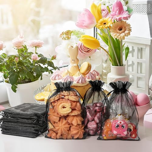 ENNIYU Premium Organza Mesh Bags - Jewelry Gift Bags (4x6, 100pcs) With Drawstring, Black, For Parties, Festivals - color: Black