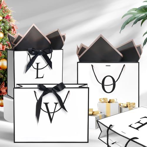 QLSKO Monogrammed Gift Wrap Bag Personalized Initial Paper Bag with Card Matching Envelope Sticker,Bow Ribbon and Wrapping Tissue Birthday Gifts for Women Men (White, F-Medium) - size: F--Medium
