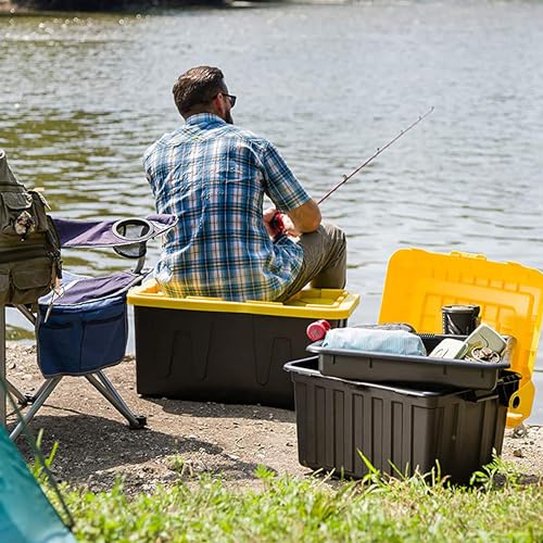 HOMZ Durabilt Plastic Storage Bins with Lids, 27 Gal, Black/Yellow, 4 Pack - color: Black Base/Yellow Lid, size: 27 Gallon (Pack of 4)