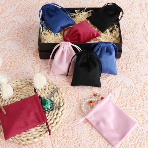 Tapleap 12Pcs Jewelry Bags, 3x4” Black, Red, Pink, Blue Velvet Pouch - color: Black, Red, Pink, Blue, size: 3x4in