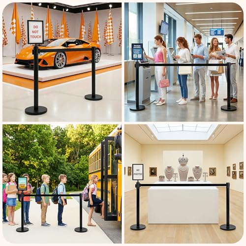 6 Pack Retractable Belt Stanchions, Black Crowd Control Posts with 10FT Belts, Sign Holders, Heavy-Duty Steel Base – Ideal for Events, Auto Shows, Public Venues, Exhibitions (Black, 10FT) - size: 10FT