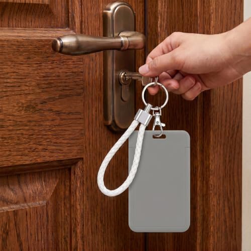 ID Card Badge Holder Key Chain with Metal Keyring, Plastic Slide Open with ID Window for Women Men Girls Students - color: Pure Gray