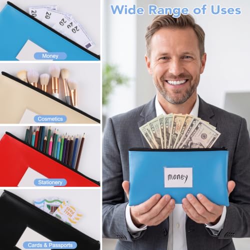 4 Pack Money Bags With Zipper, Pu Leather Cash Pouches, 11 x 6 In - color: Dark Colors