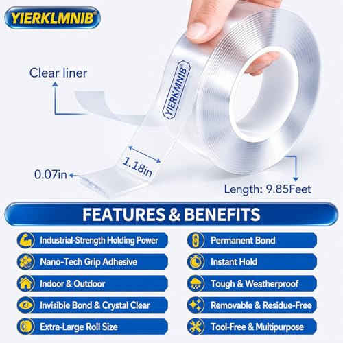 Double Sided Tape Heavy Duty, Nano Clear Mounting Tape, Picture Hanging Poster Carpet Tape for Walls, Dorm Office School Outdoor, Removable Adhesive【1 Rolls】(9.85FTx1.2in - size: 9.85 Feet